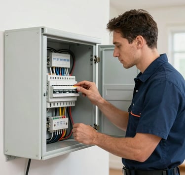 A professional electrician in a clean uniform inspecting a modern electrical panel in a North American home. The lighting is bright and clear, emphasizing safety and precision, with a color palette of navy blue and white.