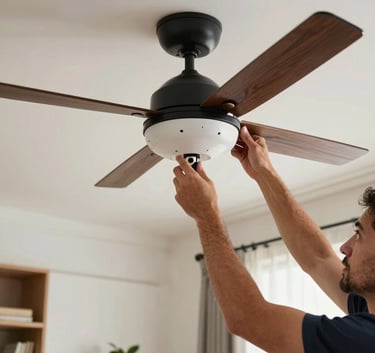 Close-up of a skilled technician installing a modern ceiling fan in a contemporary North American living room. The composition is focused on the expert hands and professional tools, conveying expertise.