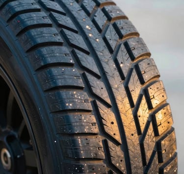 Close-up of a high-performance tire tread on a clean surface, professional lighting emphasizing quality and safety, featuring slate blue and golden yellow tones.