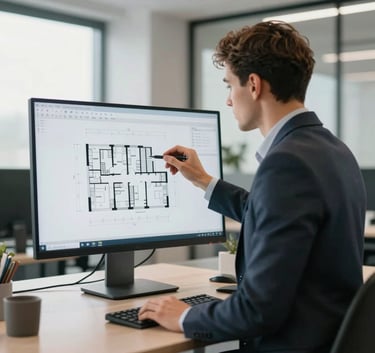 A clean, modern office interior in Germany where a recruitment professional in business attire reviews building plans on a large monitor, soft natural lighting, steel blue and off white color scheme.