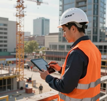 A professional site manager in a high-visibility orange vest and white helmet, holding a digital tablet and looking over a busy construction site in a Central European / German city, morning sunlight, professional architectural photography.