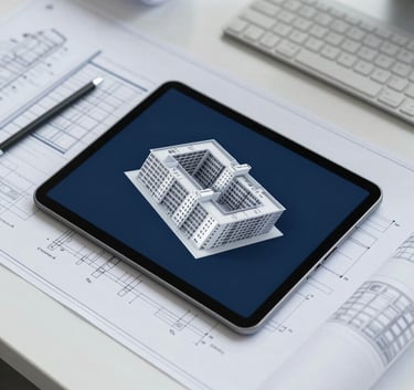 A top-down view of a professional engineering desk. Blueprints for HVAC systems and a tablet showing a 3D building model are visible. The lighting is crisp and modern, with a professional atmosphere utilizing brand colors #1E2A38 and #AAB7B8.