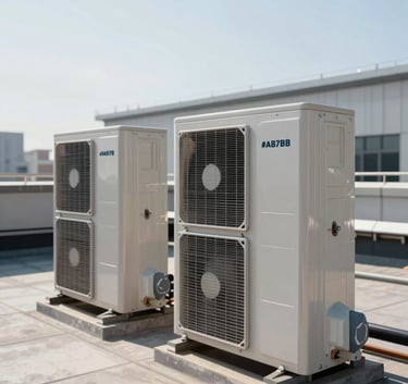 External industrial HVAC air conditioning units installed on a clean, modern rooftop. The composition shows precision engineering with metallic finishes in #AAB7B8 and deep shadows in #1E2A38 under a clear, bright sky.