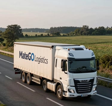 A wide shot of a white DAF xf 480 truck with a 'MateGO Logistics' branded trailer driving on a modern highway through a scenic Central European / Polish landscape, morning light, clean and minimalist composition.
