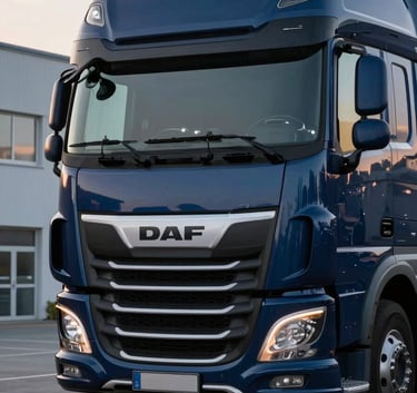 A close-up of a sleek, navy blue DAF xf 480 truck front grill with a professionally painted logo, minimalist lighting in a modern Central European / Polish logistics hub at dusk, soft off-white highlights.