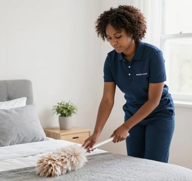A cheerful cleaning crew member in navy and teal uniform dusting a cozy living room with sunlight streaming through the window.