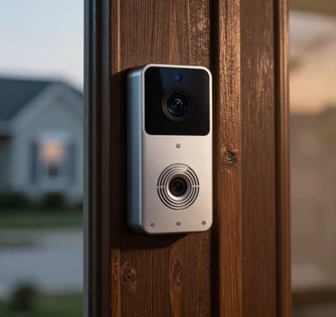 A close-up of a modern smart video doorbell mounted on a dark wood door frame of a North American suburban house during a soft-lit evening.