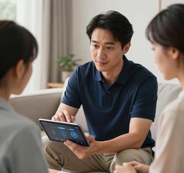 A professional consultant in a navy blue polo shirt assisting a resident with a smart home tablet interface in a bright, modern North American living room.