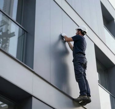Detailed view of professional ACM cladding being installed on a contemporary building. The finish is smooth and metallic. Aesthetic highlights precision and quality of work. Colors: #4A5568 and #EDF2F7.