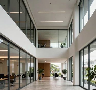 An wide-angle architectural shot of a modern, clean South American corporate office interior with glass walls and professional atmosphere, lit with soft natural light.