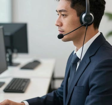 A professional South American / Brazilian customer service representative wearing a sleek modern headset, working in a clean office with a blurred background of tech equipment, soft daylight, palette of navy and white.