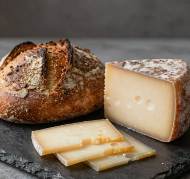 Close-up of artisanal sourdough bread and aged cheese on a dark stone platter, Scandinavian minimalist style, cozy atmosphere with warm lighting, showcasing textures and authentic food quality.