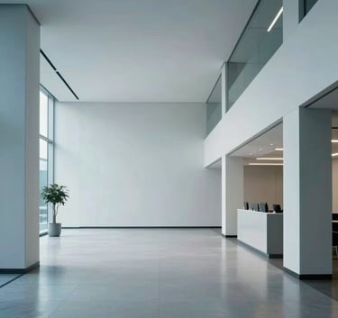 A minimalist, wide-angle interior shot of a clean and professional corporate lobby in North America, featuring polished floors and modern architectural lines in muted blue and white tones.