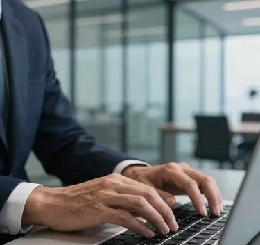 A sharp, professional close-up of a business professional’s hands typing on a high-end laptop in a modern glass-walled office in North America. The scene uses a palette of dark navy and light blue tones from the office environment.