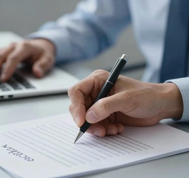 Close-up of hands signing a document on a sleek desk, professional atmosphere, emphasizing financial stability and precision, featuring palette colors #3D6B90 and #BCCBD4.