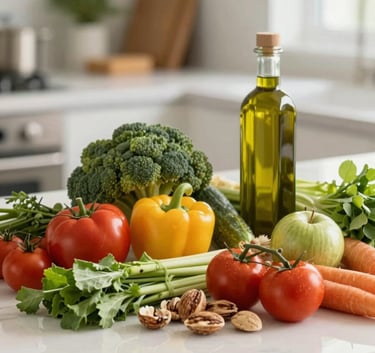 A beautifully arranged selection of fresh vegetables, nuts, and high-quality olive oil on a kitchen counter. Bright, airy photography emphasizing health and nature. Colors: #84A98C and #F5F5DC.