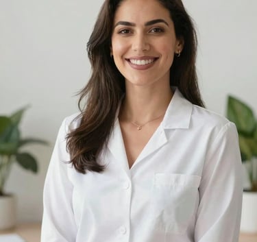 A professional portrait of Thalia Tavares Silva, a nutritionist, smiling warmly in a bright, modern consultation room. Minimalist decor with hints of green plants. Professional, approachable mood. Lighting is soft and natural.
