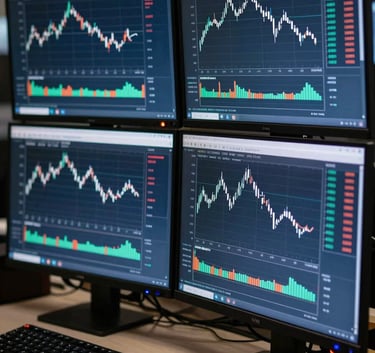 A close-up photograph of a professional multi-monitor trading station in a North American office. The screens display clean candle charts and technical indicators in shades of deep blue and grey, illuminated by low-key ambient light.