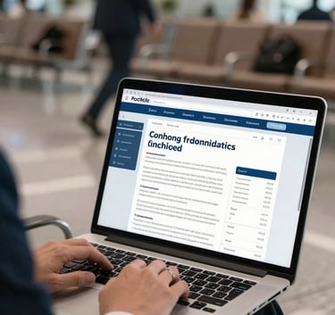 A person in a professional suit using a high-quality laptop in a modern International airport lounge. The screen shows educational financial content. The composition is clean and focused, using a shallow depth of field.