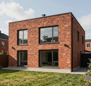 A modern, high-end brick-built residential home with large windows and a clean lawn, situated in a quiet Northern European neighborhood, daytime lighting, crisp focus.