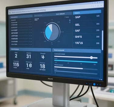 A clean, well-lit North American medical facility focus on a high-definition screen displaying a modern patient management dashboard in Steel Blue and Soft White.