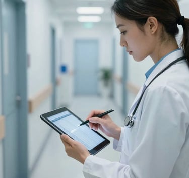 A medical professional in the US using a tablet to review patient data in a bright, modern clinic hallway. The lighting is clean and professional with Sky Blue tones.