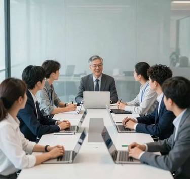 A diverse group of entrepreneurs in a bright, modern glass-walled boardroom. The atmosphere is collaborative and professional, with a color palette emphasizing #F5F8FA and subtle blue accents.