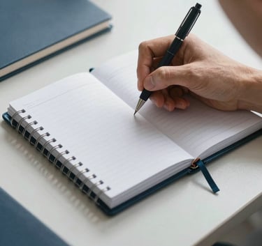 A high-quality photograph of a person writing in an organized planner on a light grey desk. The scene conveys focus and professionalism, with steel blue and deep navy blue elements visible.