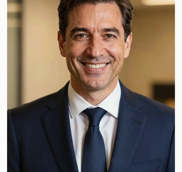 A close-up of a professional mentor in a deep navy blue suit, looking at the camera with a supportive and authoritative smile. The background is a soft-focus office with golden yellow highlights.