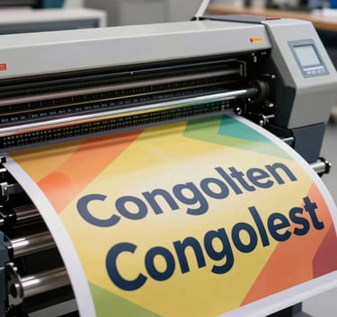 A close-up of a large-format industrial printer in action, producing a vibrant event banner with clear text, in a clean and modern Congolese production studio.