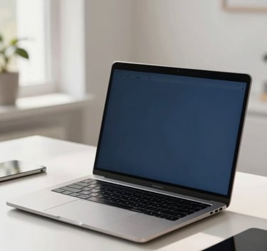 A clean and professional workspace featuring a high-end laptop on a desk, soft morning light in a modern Central European / German home office, with Dark Slate Blue and Soft Cloud White accents.
