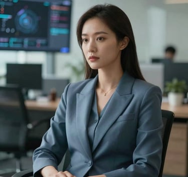 A sophisticated professional sitting in a modern North American / US office, blurred high-tech digital elements in the background, soft morning light, dressed in Slate Blue attire, focused expression, cinematic photography style.