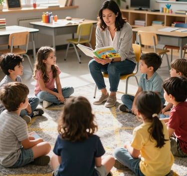 A sun-drenched North American / US preschool classroom. A teacher is sitting on a low chair reading a colorful storybook to a group of attentive children sitting on a grey and yellow patterned rug. The atmosphere is warm and nurturing.