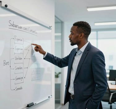 A professional medium shot of a business consultant pointing at a strategy whiteboard in a sleek, modern office in Sub-Saharan Africa / Pan-African context. The room is bright with white and light blue accents.
