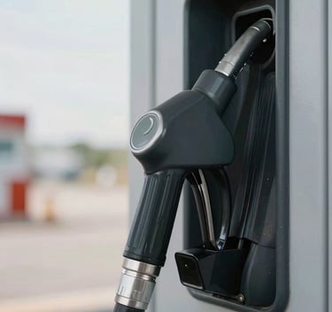 A sharp, professional photograph of a diesel fuel nozzle at a commercial transport station. The composition is focused on the handle and mechanical parts, using a palette of dark slate grey and soft light grey.