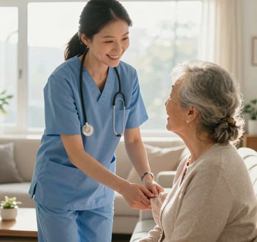 A professional caregiver in a soft morning mist colored uniform smiling at a senior woman in a bright, modern North American / US living room. The lighting is warm and reassuring.