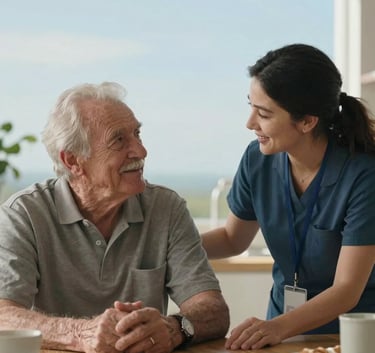 A medium shot of a caregiver and a senior man sitting at a kitchen table in a North American / US home, sharing a pleasant conversation. Background features soft airy sky blue tones.