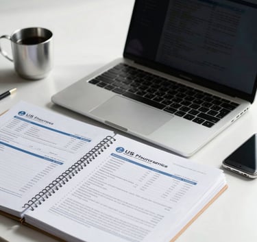 A professional photograph of an organized, modern workspace in North American / US. A high-end laptop and a stack of financial documents sit on a clean white desk. Natural light highlights silver desktop accessories, symbolizing efficiency and expert accounting services.