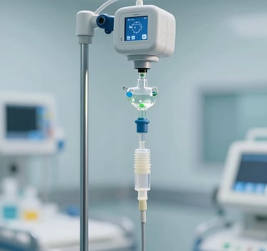 A high-tech medical infusion set displayed against a soft focus background of a bright blue and silver clinical environment, professional photography, sophisticated and credible, Global / International.