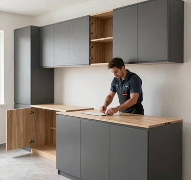 A wide-angle shot of a bright, modern Middle Eastern / Gulf home interior where a professional technician is carefully assembling charcoal grey and tan wood IKEA cabinets. Clean and organized workspace.