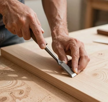 A close-up photograph of a professional carpenter's hand using a chisel on a tan wood surface in a clean, modern workshop in the Middle Eastern / Gulf region. Natural sunlight highlights the wood texture and the meticulous attention to detail.