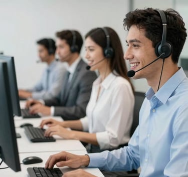 A group of professional customer service agents working in a modern office in Brazil. They are wearing sleek headsets and smiling while looking at computer screens. The composition is a medium shot with a shallow depth of field, using a palette of white and light blue.