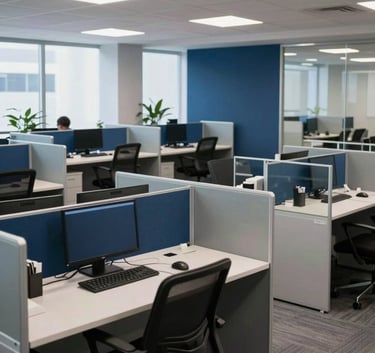 A wide-angle professional photograph of a contemporary call center environment in South America. The space is organized and bright, with workstations separated by glass panels, reflecting efficiency and professional reliability. The color scheme features tones of navy blue and light gray.