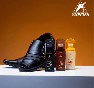 Yuppies Glo-King liquid shoe polish – black, brown, neutral bottles Pakistan