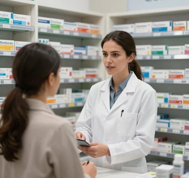 A professional and approachable pharmacist in a white coat assisting a customer in a clean, well-lit pharmacy in Cali, Colombia. Shelves are stocked with neatly organized medications.