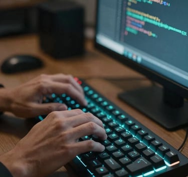 A close-up of a programmer's hands typing on a mechanical keyboard in a dimly lit North American / US office, illuminated by the bright teal glow of a code editor showing Python scripts.