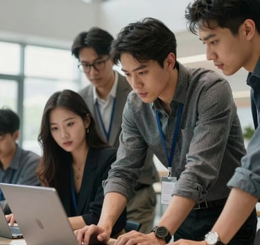 A group of focused tech professionals collaborating around a laptop in a bright North American / US innovation hub, with modern architectural elements in light mist and charcoal tones.