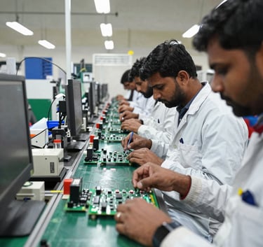 An automated surface-mount technology assembly line in a clean, modern North American / US industrial setting, showing robotic arms precisely placing components onto circuit boards under bright Off White lighting.