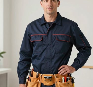 A professional plumber wearing a dark navy blue uniform, standing confidently with a tool belt, looking at the camera in a modern soft off-white setting.