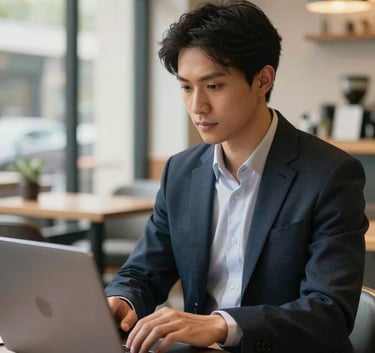 A focused business owner using a laptop in a modern US coffee shop with a professional, tech-focused design. Natural lighting and a clean, intelligent aesthetic.